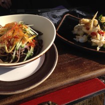 Tossed buckwheat noodles and sliced sea whelk salad