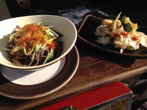 Tossed buckwheat noodles and sliced sea whelk salad