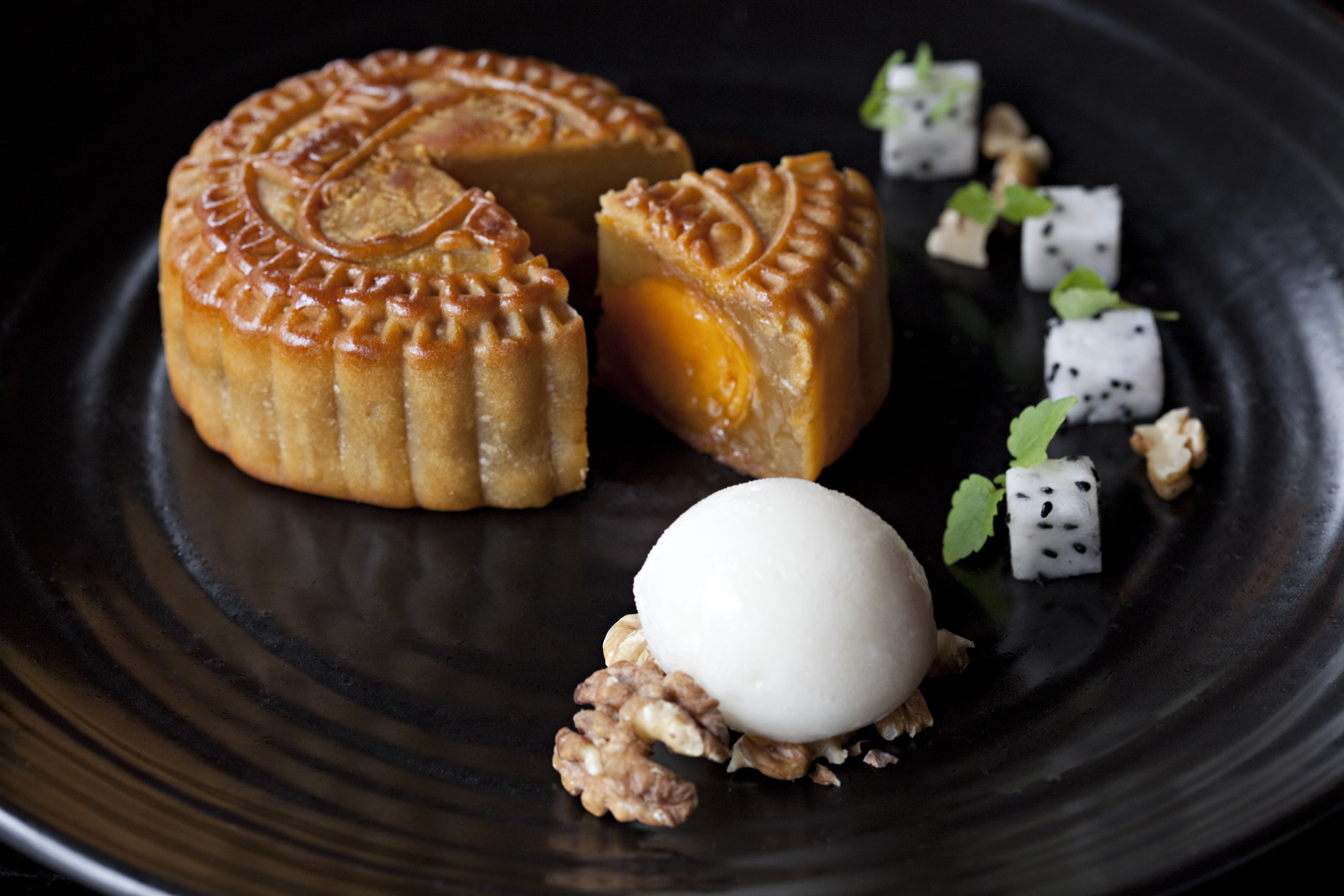 Traditional mooncake served with lychee sorbet